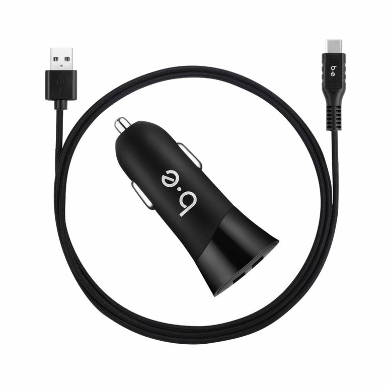 Blu Element  Chargeur de Voiture Dual USB 3.4A avec Type C Câble Noir