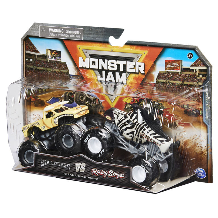 Monster Jam, Official Bulldozer Vs. Racing Stripes Die-Cast Monster Trucks, 1:64 Scale