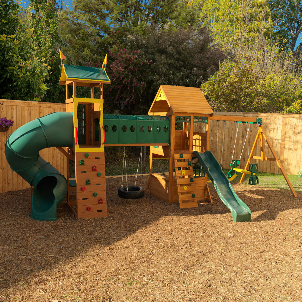 KidKraft Wild Rock Lodge Adventure Tower Wooden Swing Set Playset