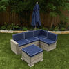 KidKraft - Wooden Outdoor Sectional Ottoman and Umbrella Set with Cushions, Kids' Patio Furniture, Barnwood Gray and Navy