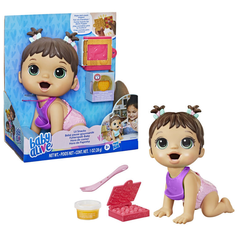 Baby Alive Lil Snacks Doll, Eats and "Poops," 8-inch Baby Doll with Snack Mold, Brown Hair