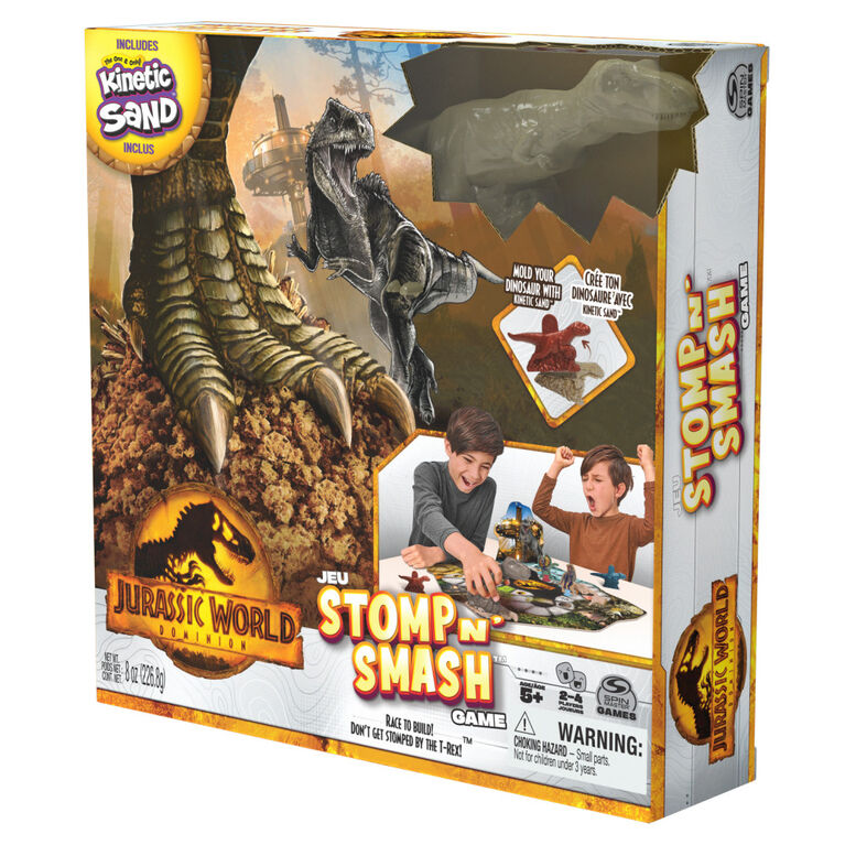 Jurassic World Dominion, Jeu de société sensoriel Stomp N' Smash sur le thème des dinosaures, avec sable Kinetic Sand