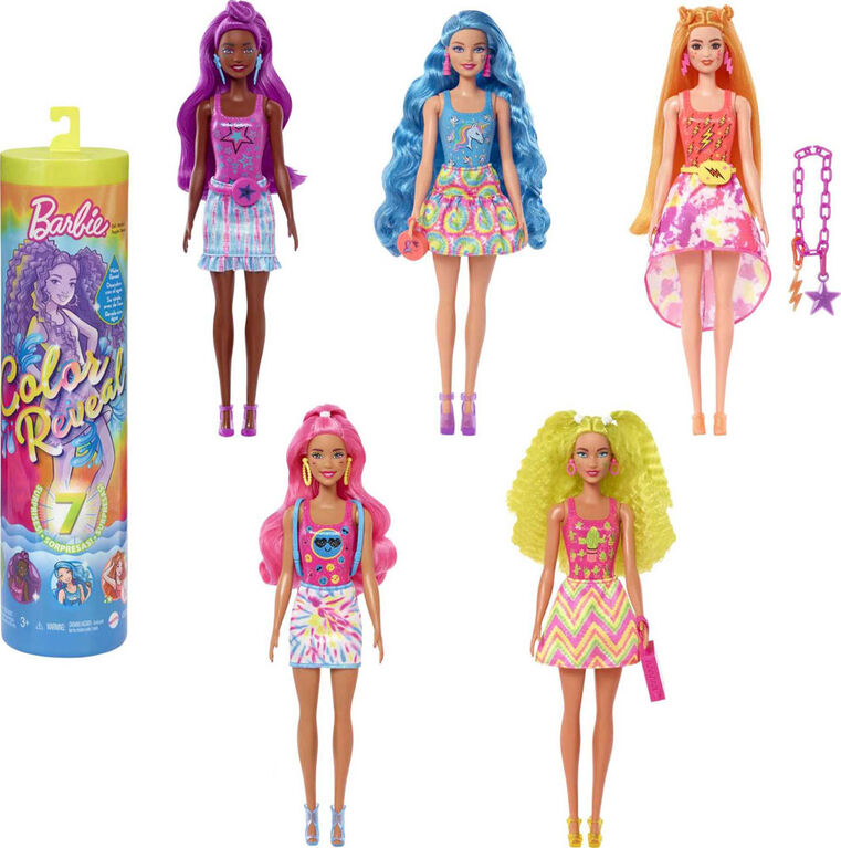 Barbie - Color Reveal - Poupée, 7 surprises, Série Tie-Dye Fluo