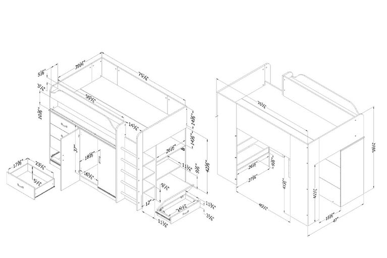 South Shore, Loft Bed with Desk - Blueberry