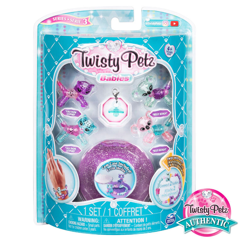 Twisty Petz, Série 3, Pack de 4 mini-animaux, Coffret de bracelets léopards des neiges et koalas avec écrin