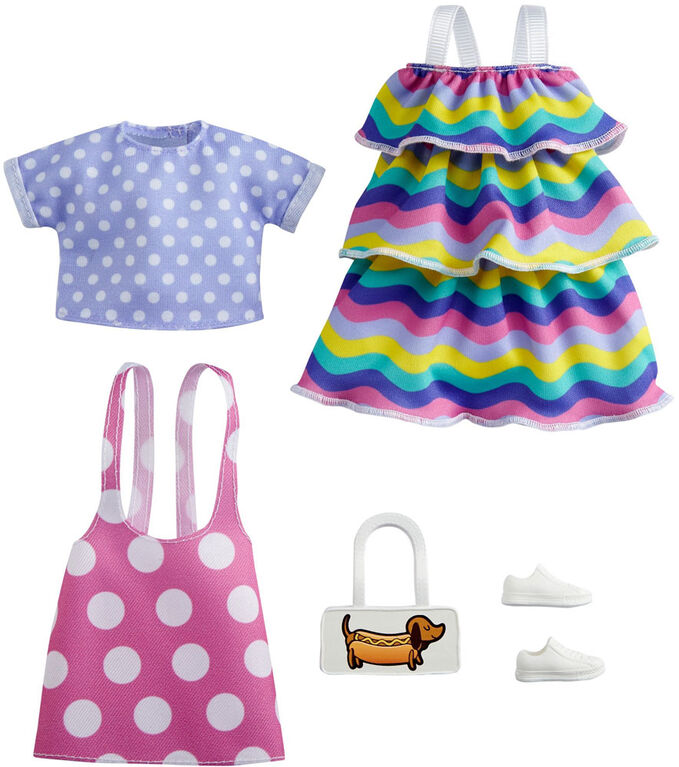 ​Barbie Fashions 2-Pack Clothing Set, 2 Outfits for Barbie Doll Include Pink Polka-Dot Jumper, Purple Polka-Dot Top, Striped Dress & 2 Accessories