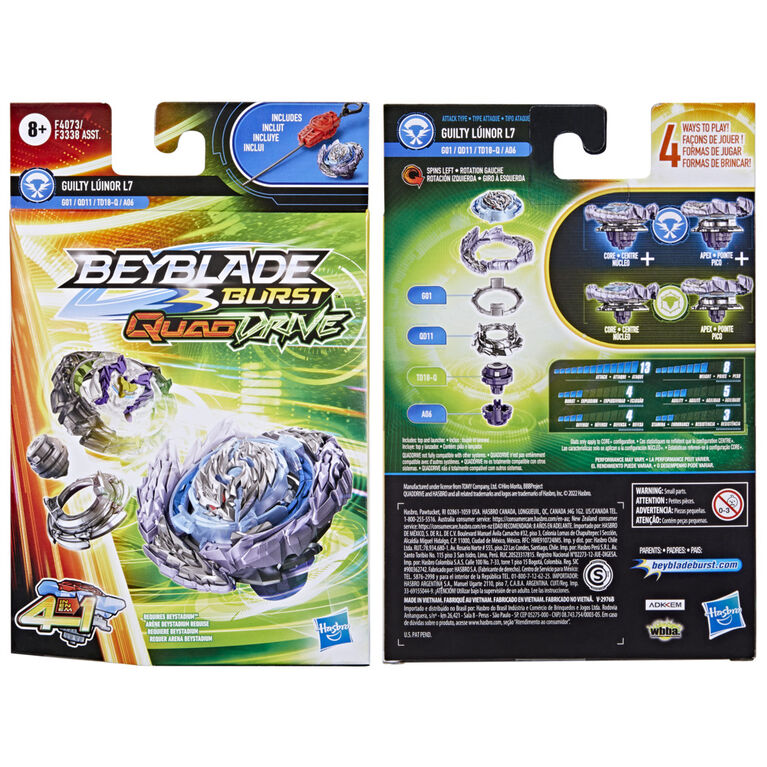 Beyblade Burst QuadDrive, Starter Pack avec toupie Guilty Lúinor L7 type attaque/défense et lanceur