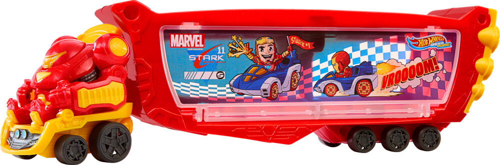 Hot Wheels RacerVerse Marvel Hulkbuster Hauler Stores Up to 10 Toy Cars Detachable Cab with Flip Up Helmet Non Removable Figure