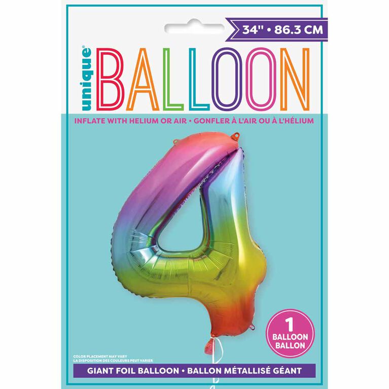 Rainbow Number 4 Shaped Foil Balloon 34"