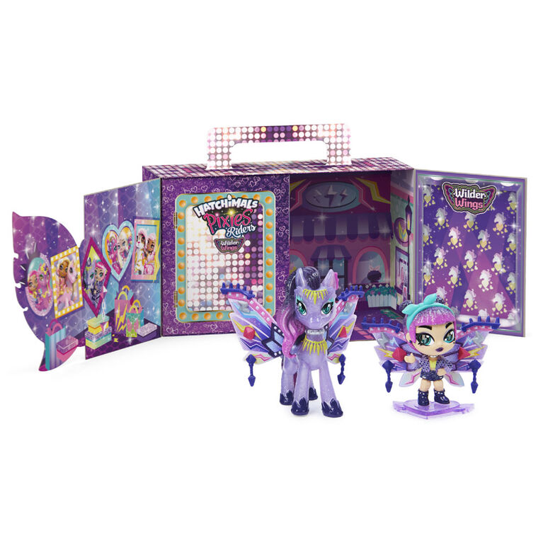 Hatchimals Pixies Riders, Wilder Wings Magical Mel Pixie and Ponygator Glider with 16 Wing Accessories