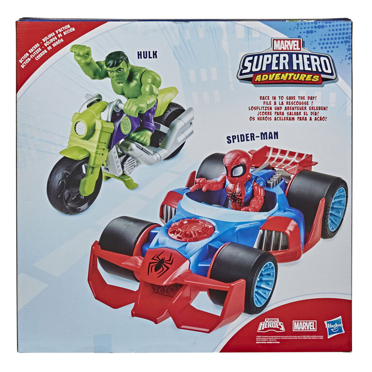 Marvel Playskool Heroes Super Hero Adventures, Bolides d'action, avec véhicules, Spider-Man et Hulk