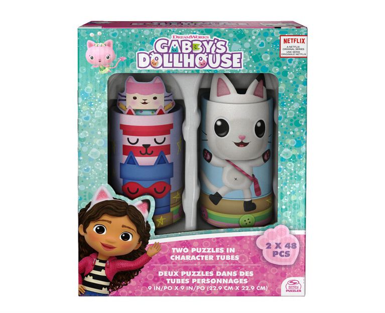 Gabby's Dollhouse, Coffret de 2 puzzles de 48 pièces avec tubes de rangement représentant les personnages, jouets Gabby's Dollhouse, puzzles pour enfants