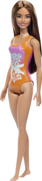 Beach Barbie Doll with Light Brown Hair Wearing Tropical Pink and Orange Swimsuit