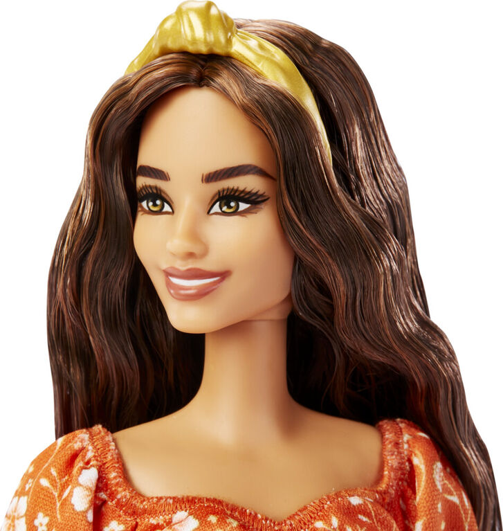 ​Barbie Fashionistas Doll #182, Headband, Orange Floral Print Dress with Ruffle Details and Heels