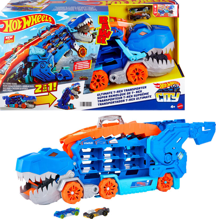 Hot Wheels City-Transporteur T-Rex pour +20 voitures, piste de