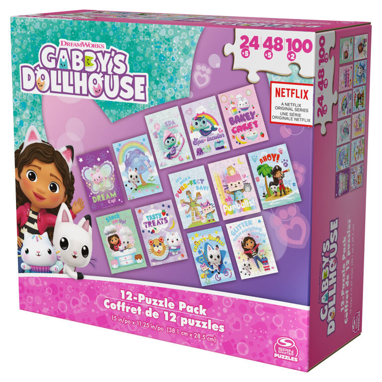 Gabby's Dollhouse, Coffret de 12 puzzles de 24 pièces, 48 pièces et 100 pièces
