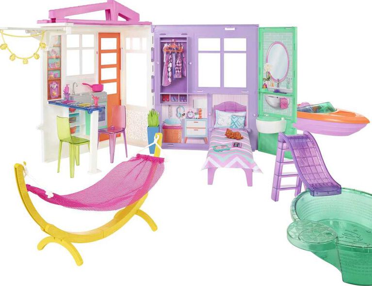 Barbie- Coffret-cadeau, 2 poupées Barbie Fashionistas, maison, pisc.