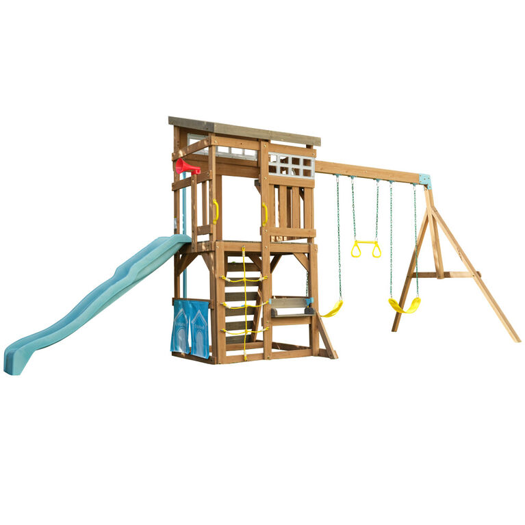 KidKraft - Module de jeu en bois moderne avec balançoires et mât de pompier, banc réversible - Notre exclusivité