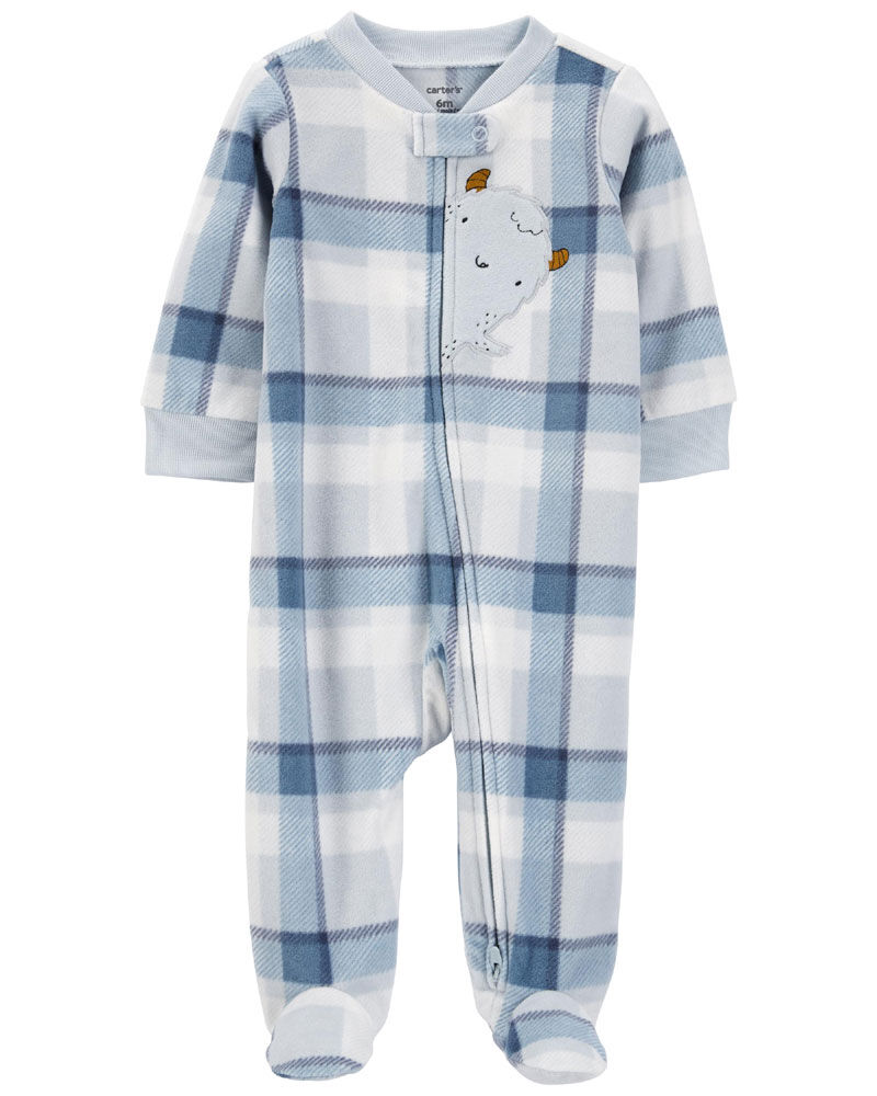 Carter s Plaid Monster Fleece Zip Up Sleep And Play Blue Newborn