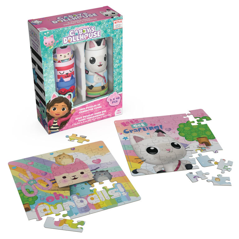 Gabby's Dollhouse, Coffret de 2 puzzles de 48 pièces avec tubes de rangement représentant les personnages, jouets Gabby's Dollhouse, puzzles pour enfants