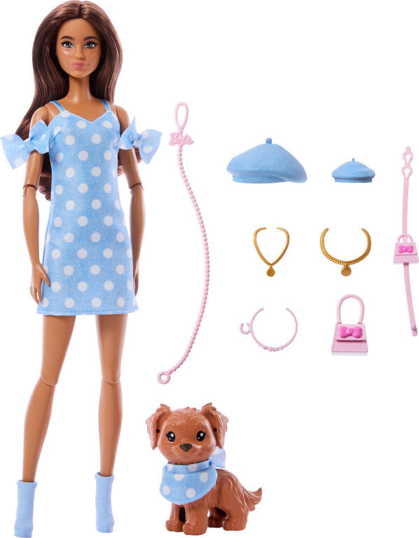 Barbie Twinning Looks Fashion Doll with Pet Dog, Matching Blue Clothes & Accessories, Brunette