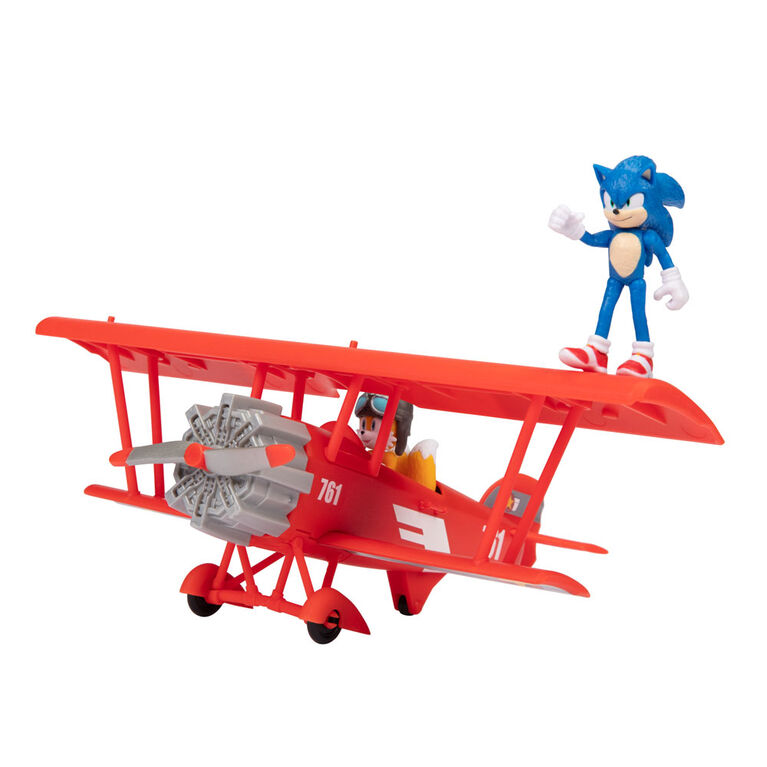 Tornado, le biplane, avec figurines Sonic et Tails du film Sonic le Hérisson 2 