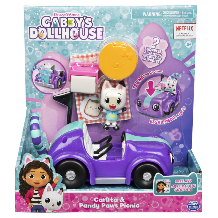 Gabby's Dollhouse, Carlita Toy Car with Pandy Paws Collectible Figure and 2 Accessories