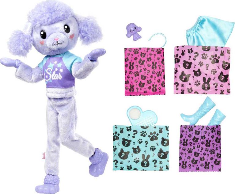 Barbie Cutie Reveal Doll and Accessories, Cozy Cute Tees Poodle, "Star" Tee, Blue and Purple Streaked Hair, Brown Eyes