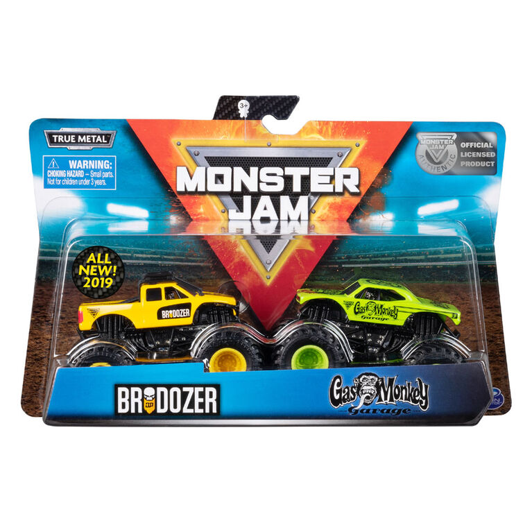Monster Jam, Coffret de 2 véhicules authentiques Brodozer vs Gas Monkey, Monster trucks en métal moulé à l'échelle 1:64