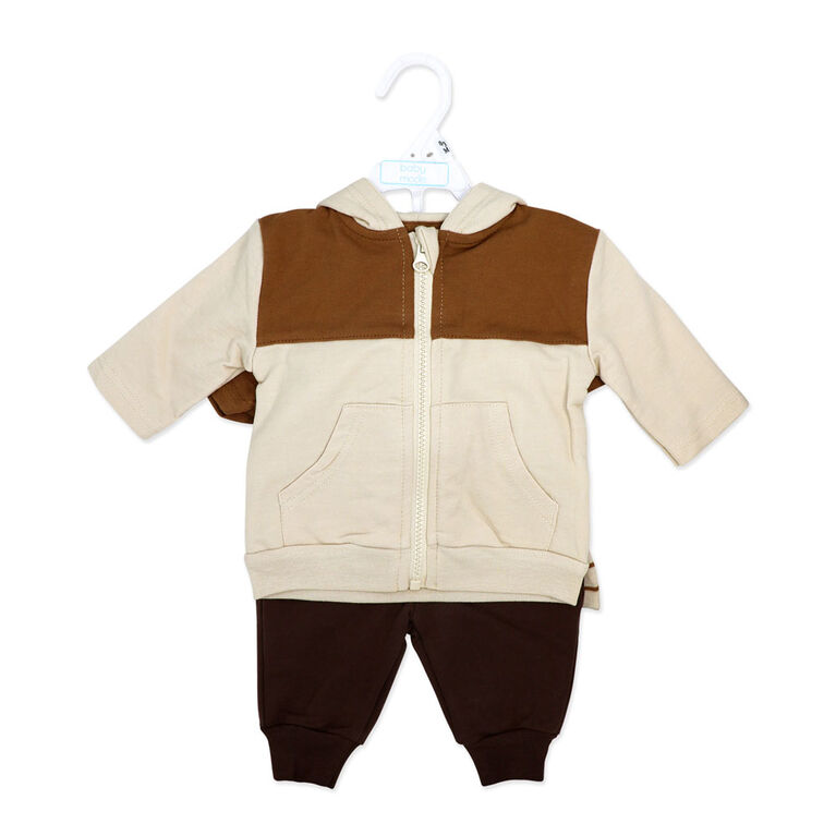 Baby Mode 3 Piece French Terry Jogger Set: Brown Stripe
