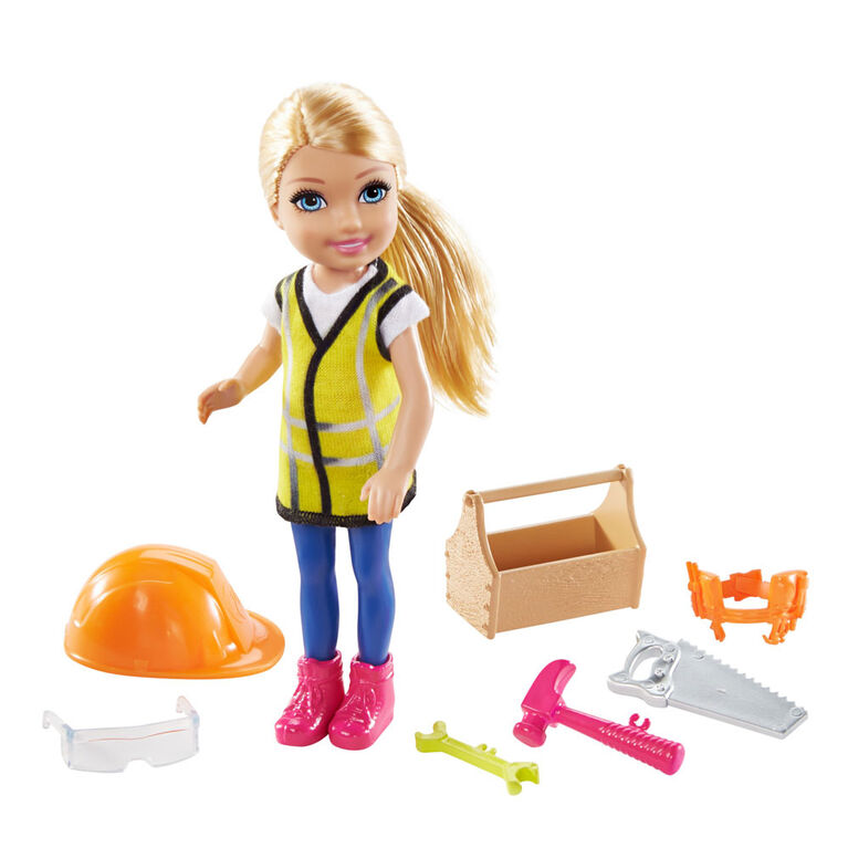 Barbie Chelsea Can Be Playset with Chelsea Builder Doll (6-in/15.24-cm) Hard Hat, Tool Belt, Goggles, Saw, Hammer, Wrench, Toolbox