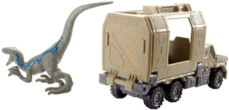 Matchbox - Jurassic World - Transporteurs de dinosaures - Véhicule et figurine - Camion blindé et Raptor.