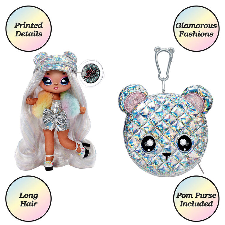 Na Na Na Surprise 2-in-1 Fashion Doll and Metallic Purse Glam Series - Ari Prism, Doll in Prismatic Sliver Dress and Hat with Bear Purse