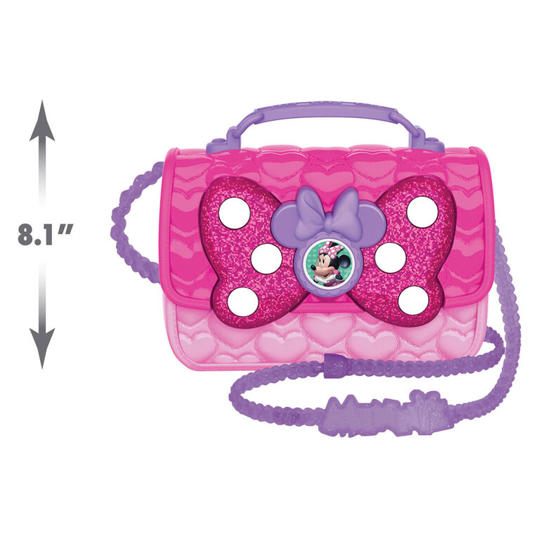 Ensemble de Sac Bowfabuleux de Minnie Mouse de Disney Junior, Sac à 9 Eléments pour Jouer en Faisant Semblant avec Téléphone Portable Sons et Lumières, Lunettes de Soleil et Accessoires