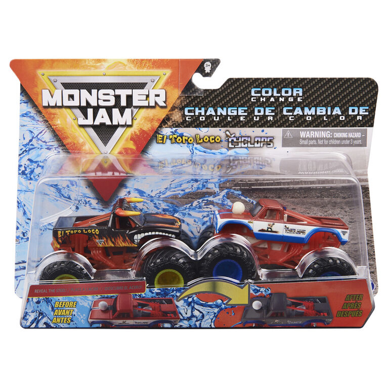 Monster Jam, Monster trucks El Toro Loco vs Cyclops officiels qui changent de couleur en métal moulé, échelle 1:64