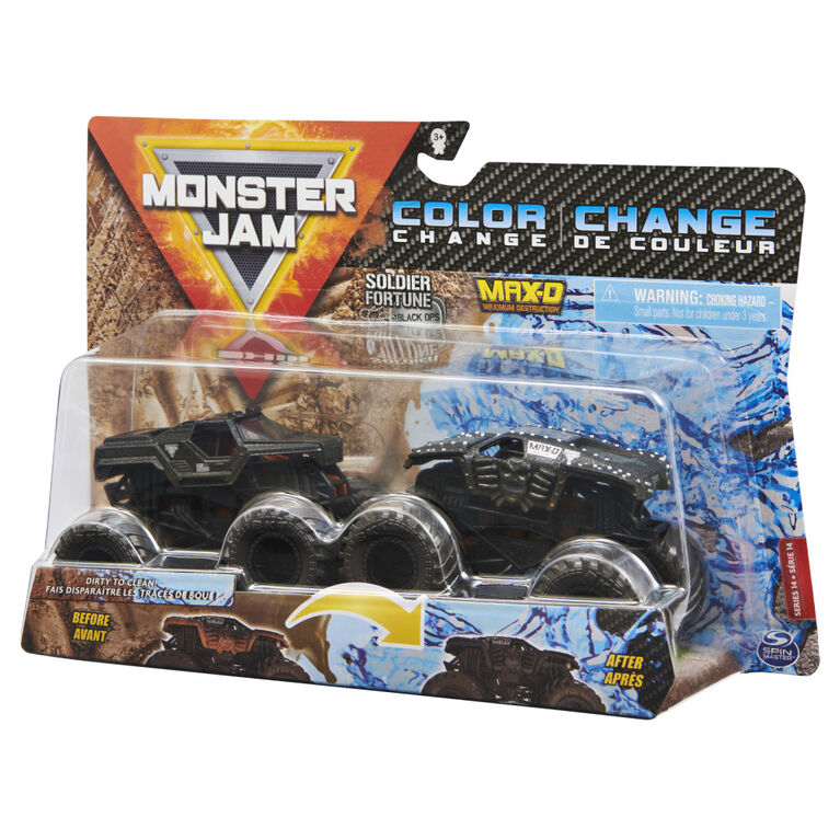 Monster Jam, Official Soldier Fortune Black Ops vs. Max-D Color-Changing Die-Cast Monster Trucks, 1:64 Scale