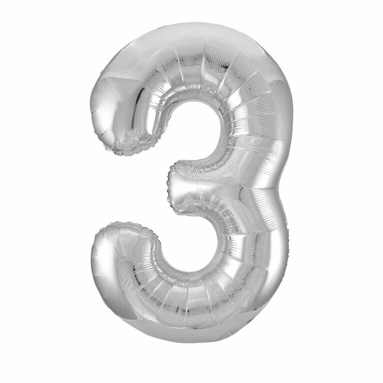 Silver Number 3 Shaped Foil Balloon 34"