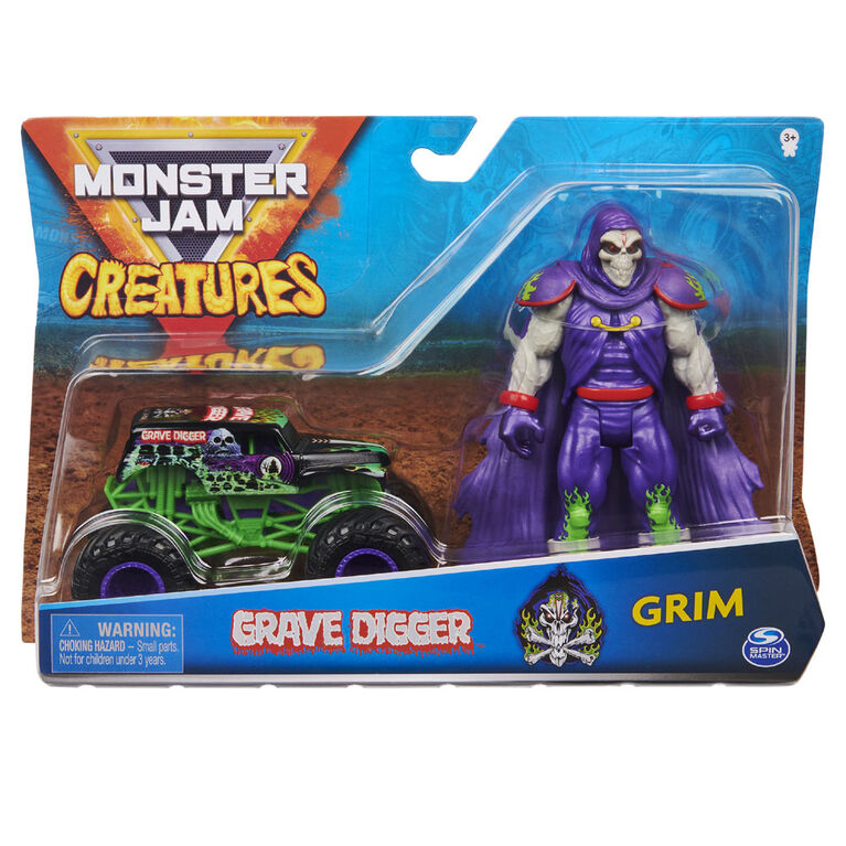 Monster Jam, Coffret Monster truck Grave Digger à l'échelle 1:64 officiel et figurine articulée Grim Creatures de 12,7 cm (violet métallique)