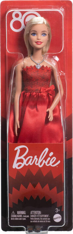 Barbie Mattel 80th Anniversary Ruby-Red Celebration Fashion Doll Wearing Red Dress with Accessories