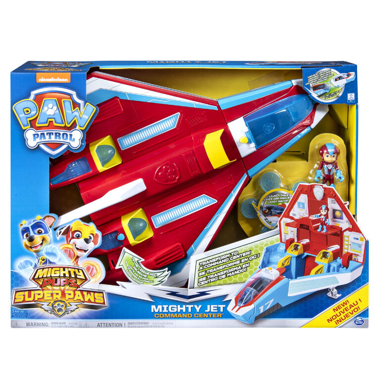 PAW Patrol, Mighty Pups Super PAWs, Mighty Jet Command Center, Jet/QG transformable 2 en 1 avec effets sonores et lumineux