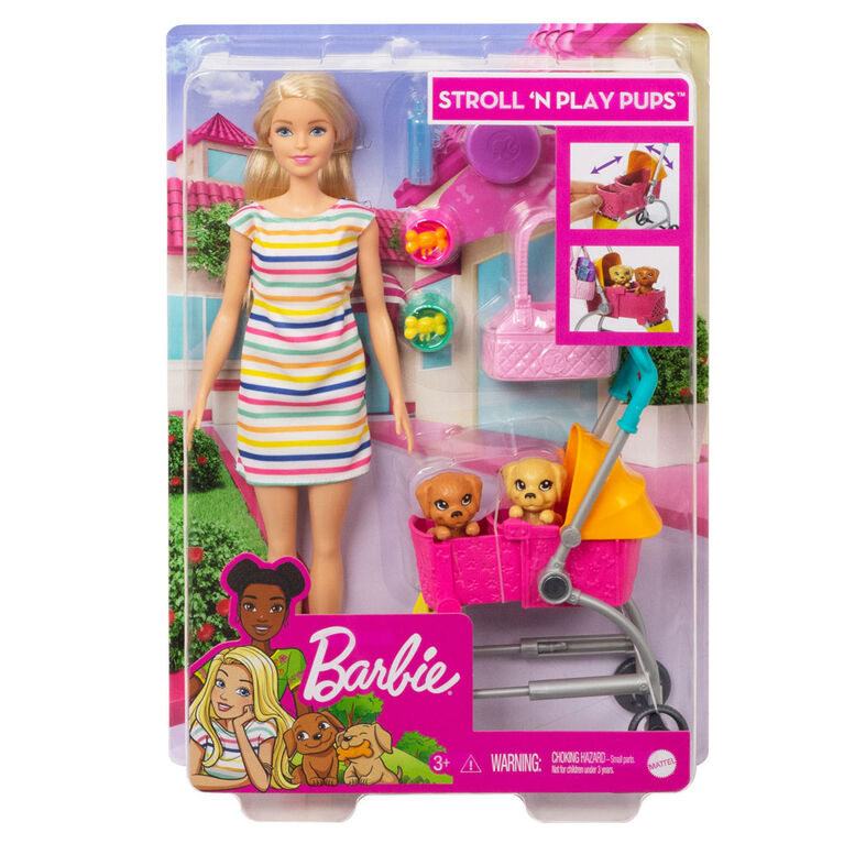 Coffret de jeu Chiots Promenade et jeu Barbie avec poupée Barbie, 2chiots  et poussette pour animaux