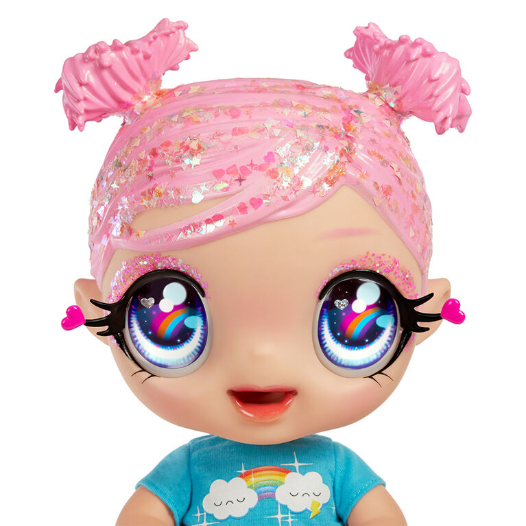 Poupon GLITTER BABYZ Dreamia Stardust avec 3 changements de couleur magiques / poupée aux cheveux roses avec tenue arc-en-ciel et couche réutilisable, biberon et sucette