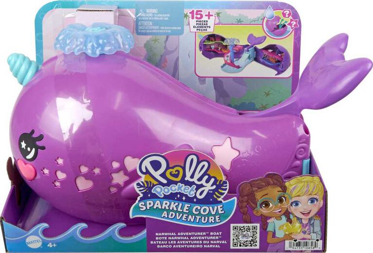 Polly Pocket Sparkle Cove Adventure Narwhal Adventurer Boat Playset with 2 Micro Dolls and 13 Accessories
