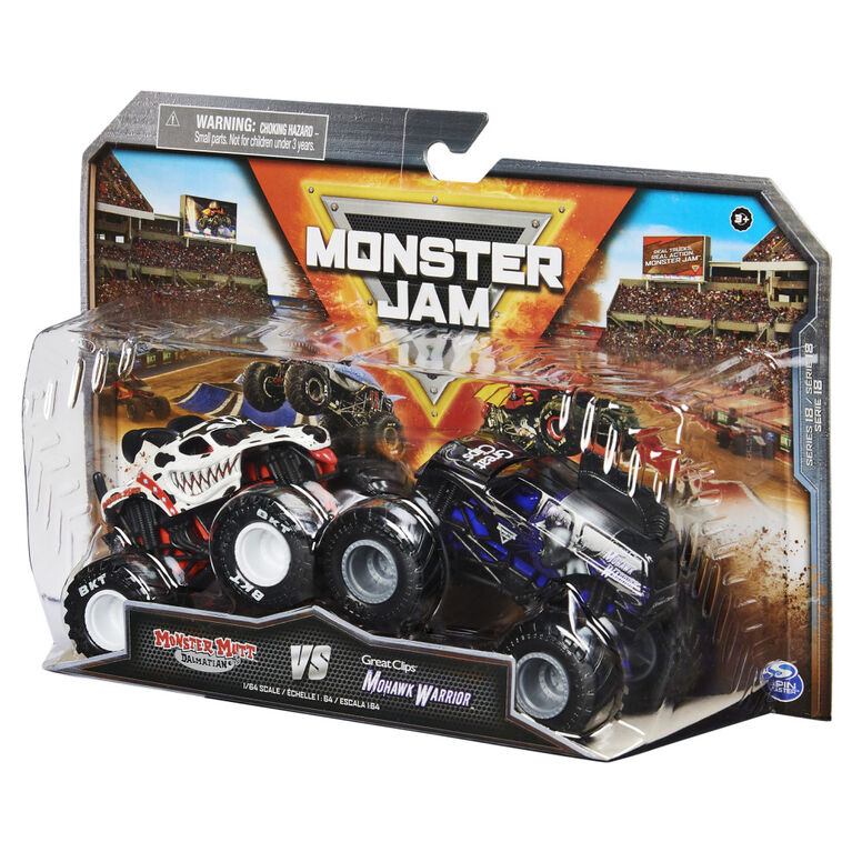 Monster Jam, Official Monster Mutt Dalmatian Vs. Mohawk Warrior Die-Cast Monster Trucks, 1:64 Scale