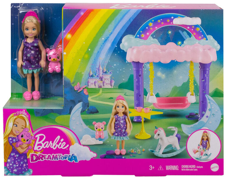 ​Barbie Dreamtopia Chelsea Princess Doll & Fairytale Sleepover Playset with Loft Bed, Swing, Moon Chairs & Unicorn Rocking Horse