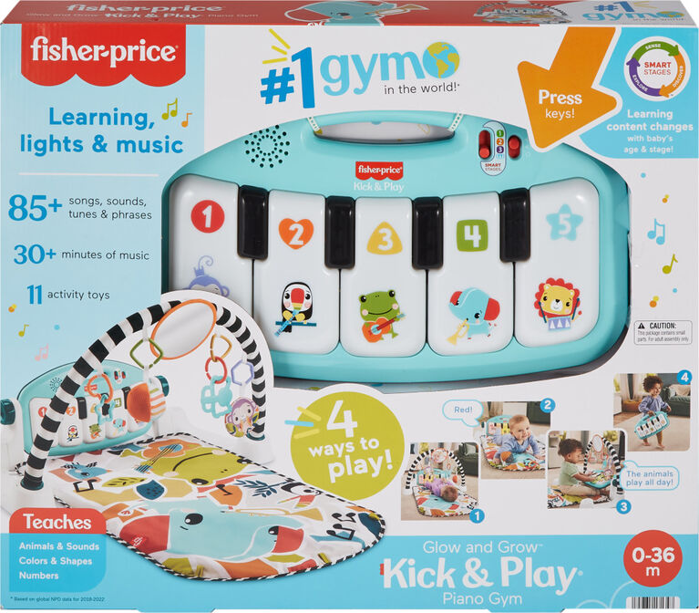 Fisher-Price Glow and Grow Kick & Play Piano Gym Baby Playmat with Musical Learning Toy, Blue