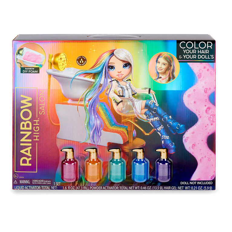 Jeu de salon de beauté Rainbow High avec arc-en-ciel de mousse capillaire colorante lavable pour les enfants et les poupées