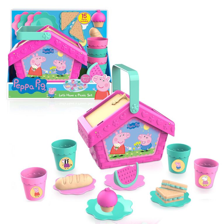 Peppa Pig Let's Have a Picnic Set, Travel Toy with Handle Includes 4 Settings and Play Food, 15-Pieces