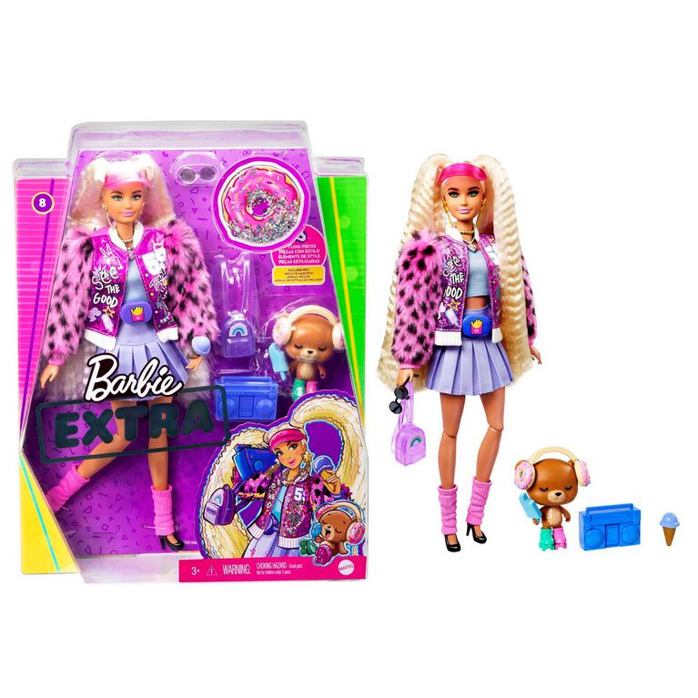 Barbie Extra Doll #8 in Varsity Jacket with Furry Arms and Pet Teddy
