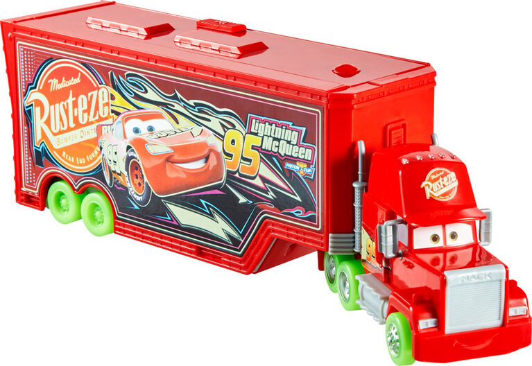 Disney and Pixar Cars Glow Racers Transforming Mack Playset, 2-in-1 Glow-in-the-Dark Toy Truck and Tune-Up Station